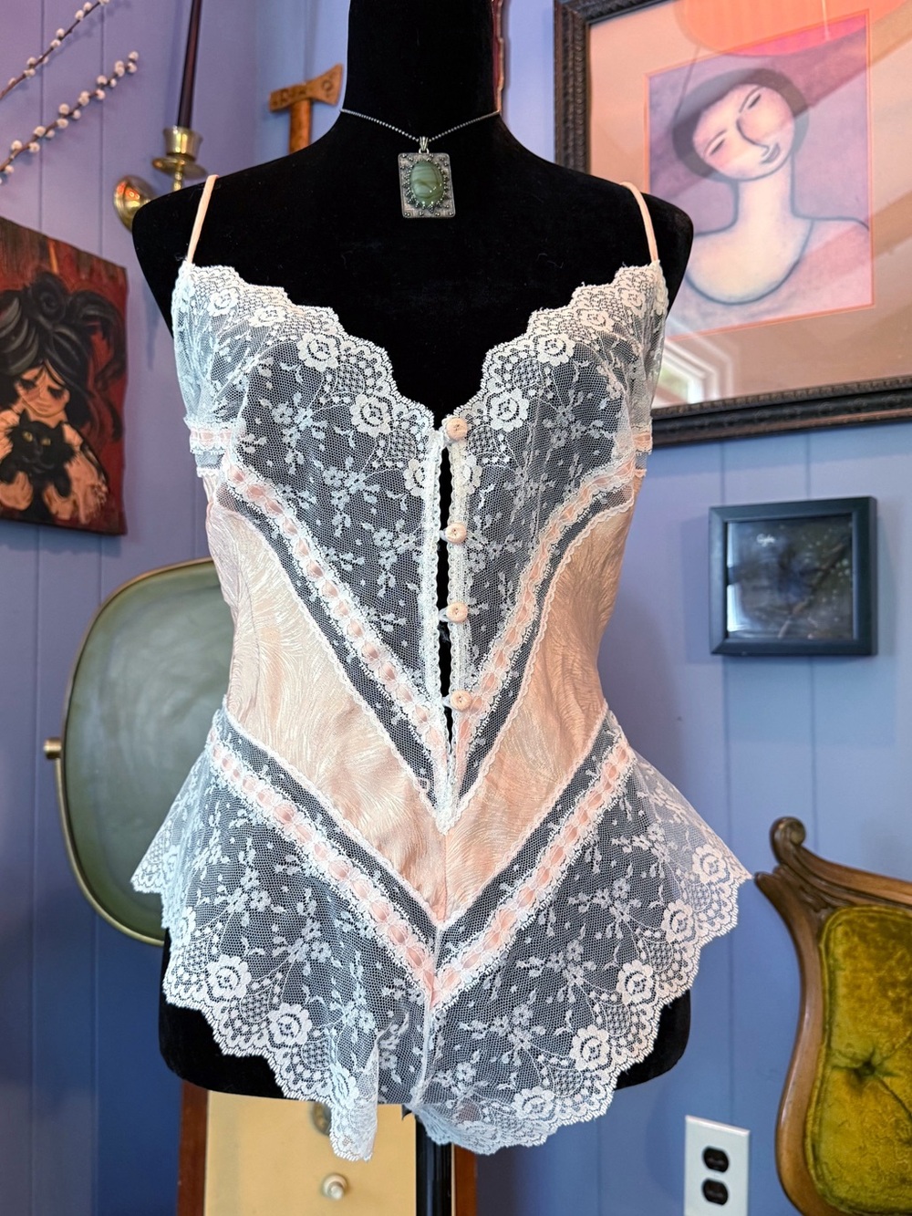 NWT Vintage 70s/80s Lace And Satin Bodysuit Teddy Size L - Picture 2 of 8